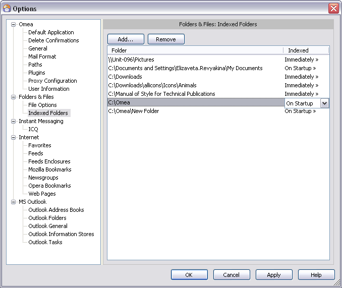 Indexed Folders Options