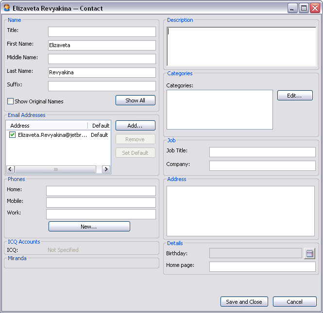 Edit Contact dialog