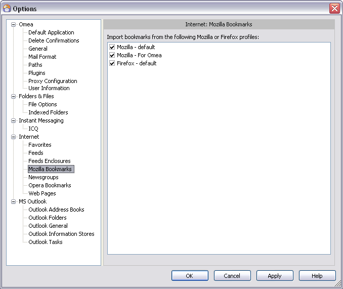 Options Dialog: Mozilla Bookmarks