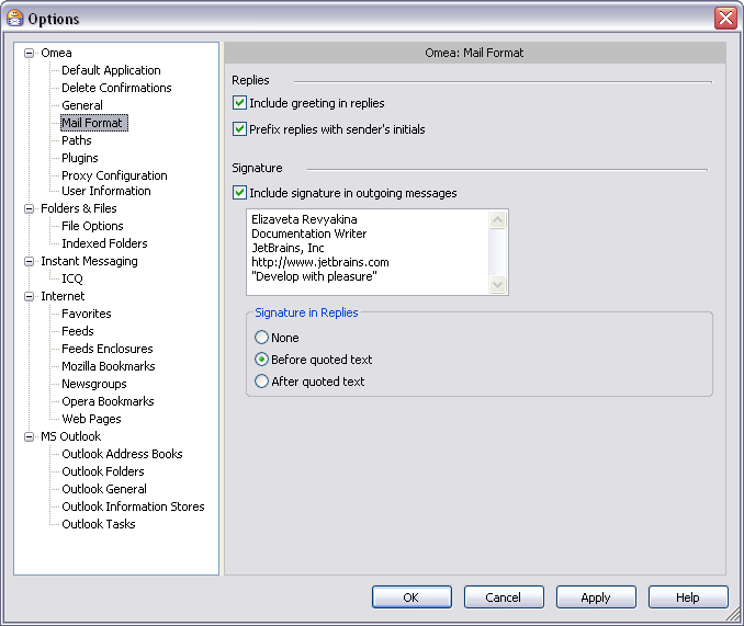 Options Dialog: Mail format options