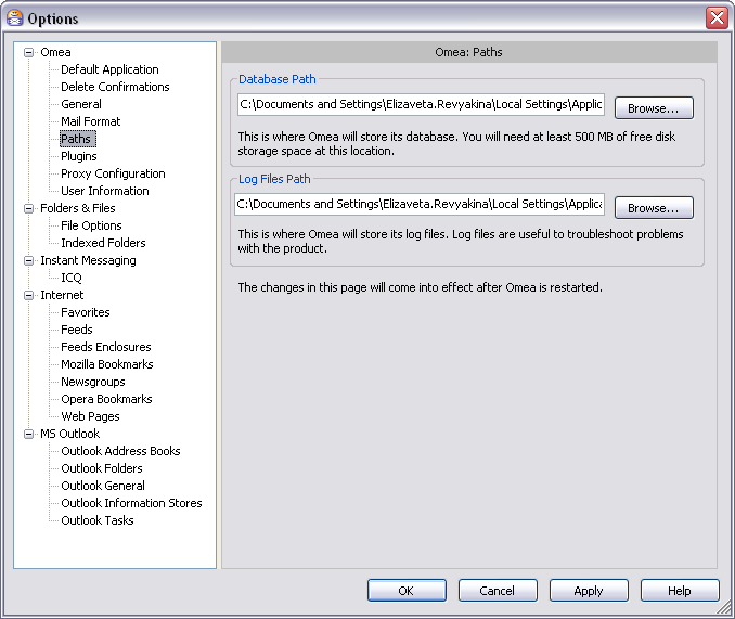 Options Dialog: Omea Paths options