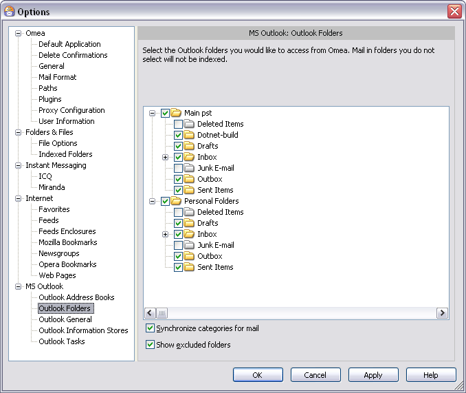 Options Dialog: Outlook Folders options