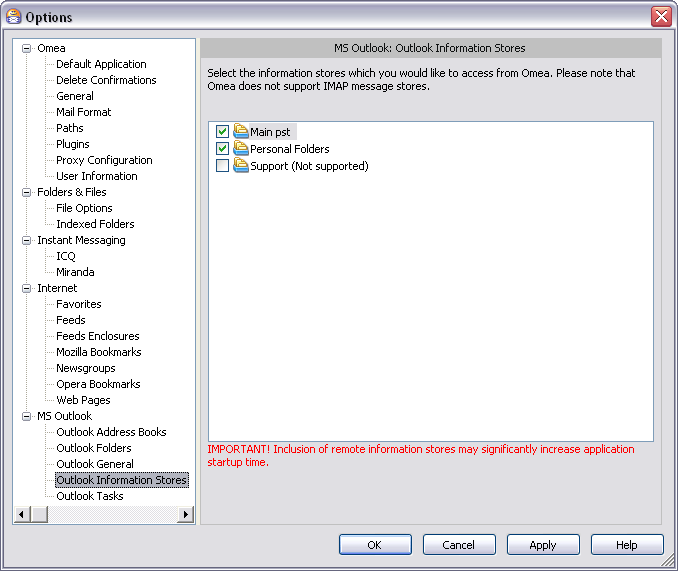 Options Dialog: Outlook Information Stores options