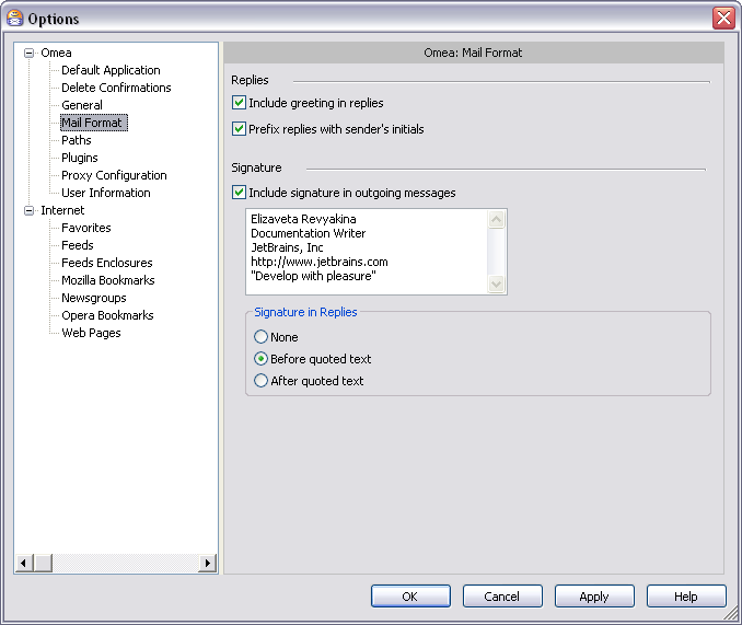 Options Dialog: Mail format options