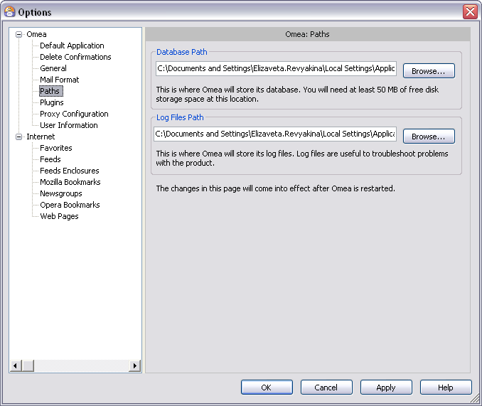 Options Dialog: Omea Paths options