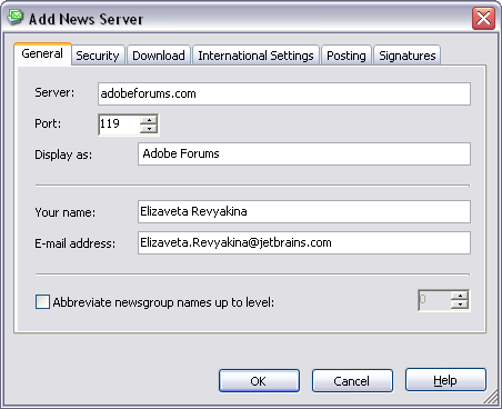 The Add News Server dialog