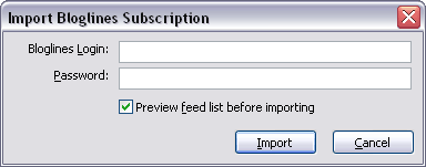 The Import Bloglines Subscription dialog