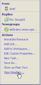 Links and Actions pane for the selected newsgroup article