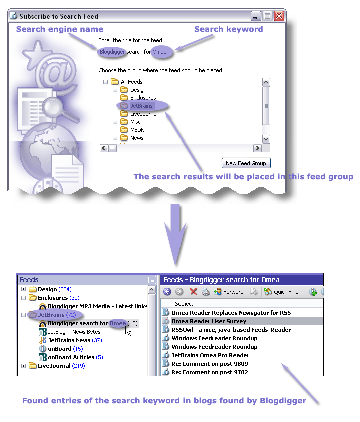 Illustration of how you can subscribe to search feed